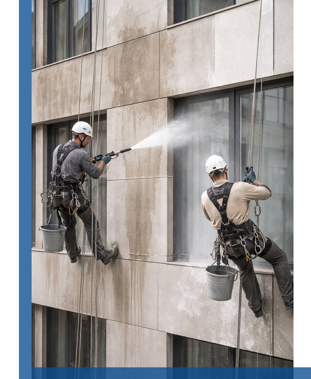 Послестроительная мойка фасада промышленным альпинизмом в Первоуральске