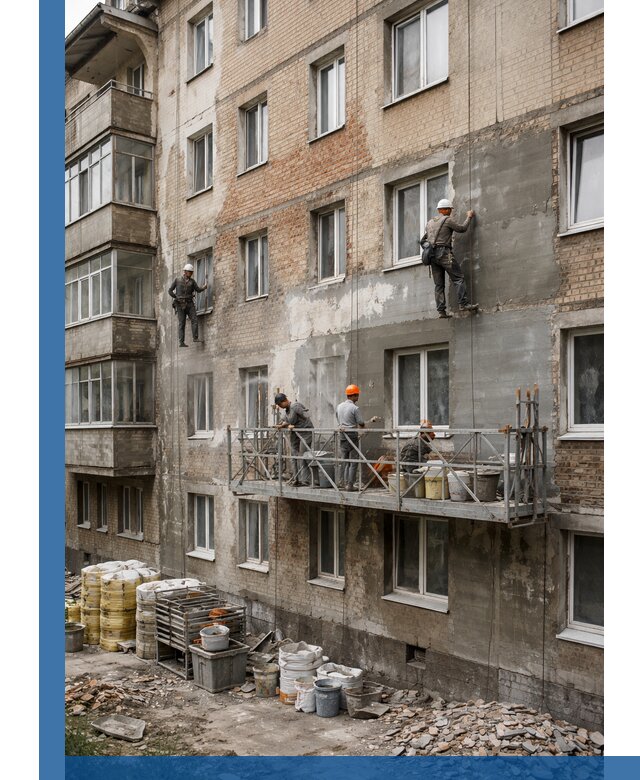 Капитальный ремонт фасада в Первоуральске с восстановлением и гидроизоляцией