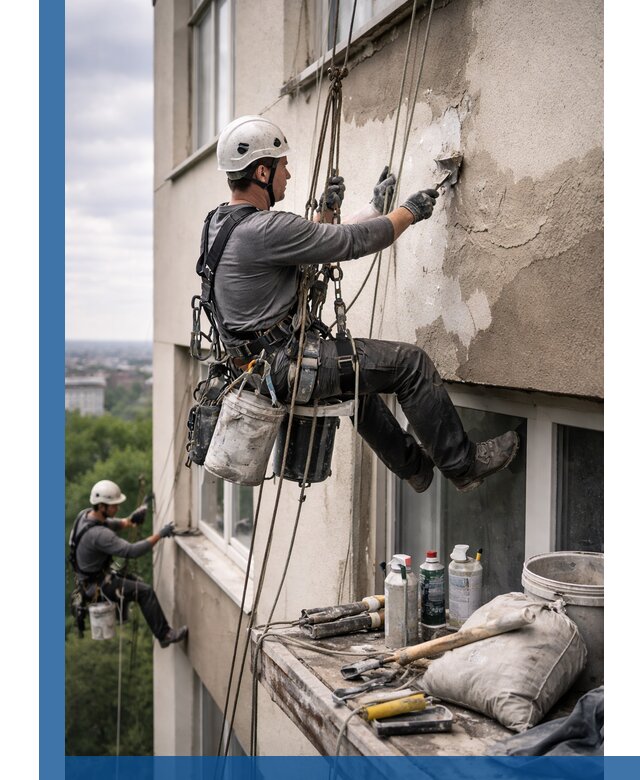 Косметический ремонт фасада зданий в Первоуральске промышленными альпинистами