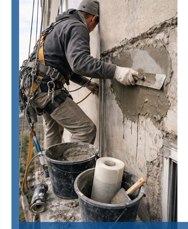 Ремонт бетонных элементов фасада промышленными альпинистами в Первоуральске