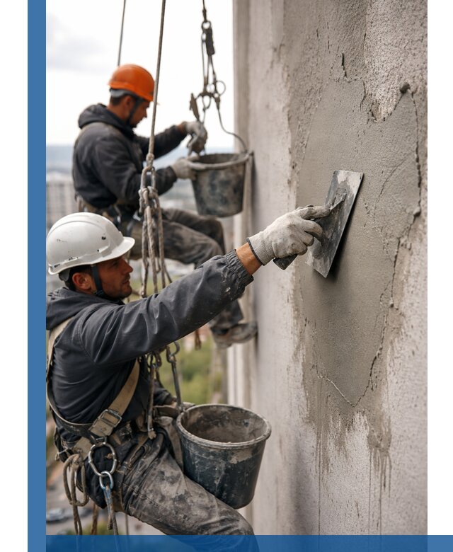 Штукатурка фасада на высоте в Первоуральске профессиональные работы