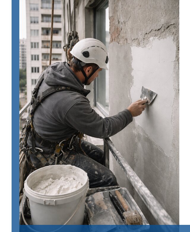 Шпаклевка фасадов на высоте с промальпинистами в Первоуральске