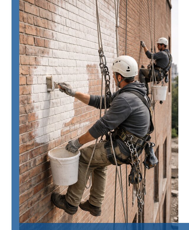 Покраска кирпичного фасада с доступным альпинистским сервисом в Первоуральске