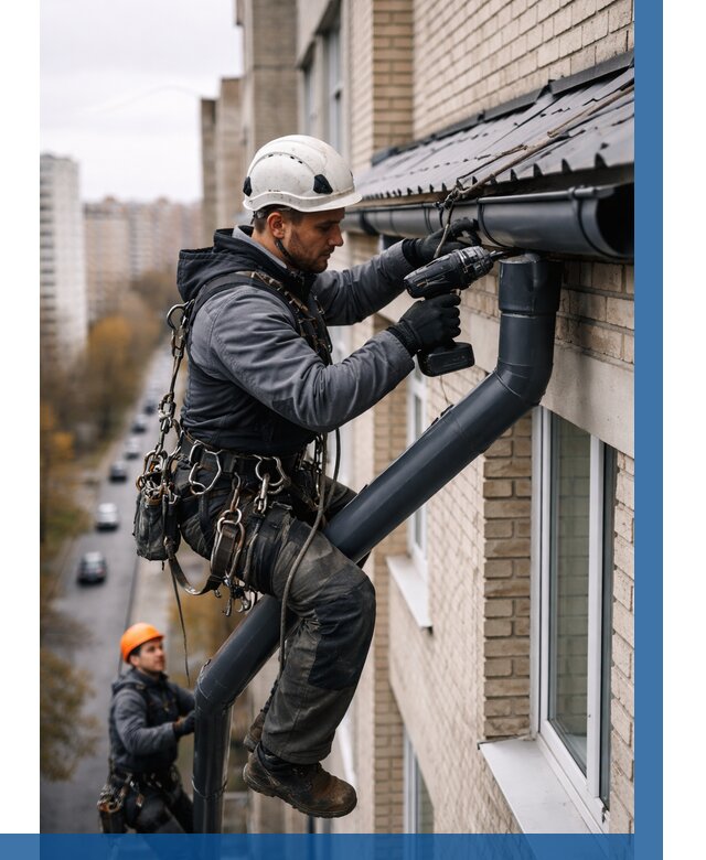 Монтаж водосточной системы на здании в Первоуральске от 5147 р. | ВЫСОТНИК-Прв