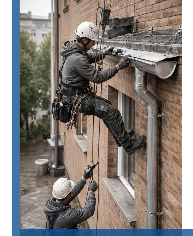 Монтаж водосточной системы на здании в Первоуральске под ключ