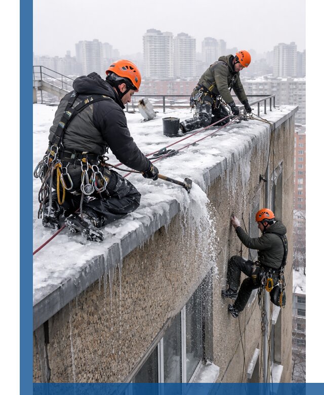 Удаление наледи с кровли в Первоуральске промышленными альпинистами