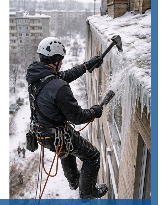 Сбивание сосулек с крыши в Первоуральске по цене от 4632 р. | ВЫСОТНИК-Прв