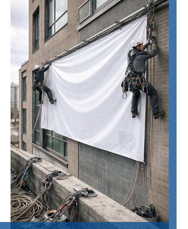 Монтаж баннеров на фасаде в Первоуральске от 669 р. заказать ВЫСОТНИК-Прв