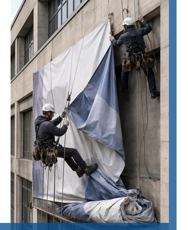 Демонтаж баннеров с фасада в Первоуральске от 4632 р. | ВЫСОТНИК-Прв