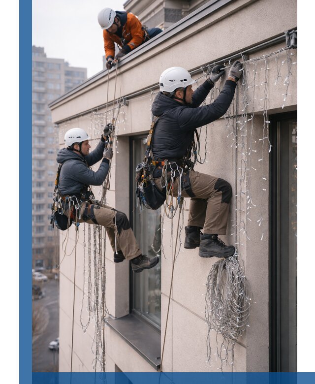 Монтаж праздничных гирлянд на фасаде в Первоуральске для зданий