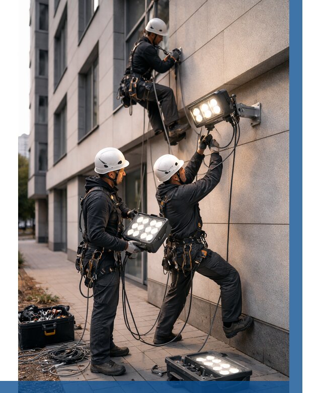 Монтаж прожекторов на фасаде в Первоуральске от 7720 р. | ВЫСОТНИК-Прв