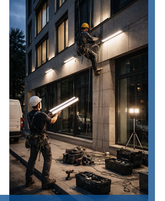 Монтаж архитектурной подсветки здания в Первоуральске от 2573 р.|ВЫСОТНИК-Прв