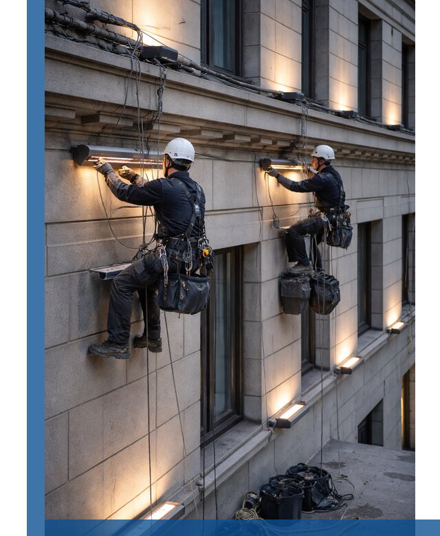 Монтаж архитектурной подсветки фасадов зданий в Первоуральске