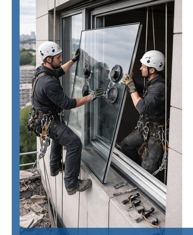 Замена стеклопакетов на высоте с промышленными альпинистами в Первоуральске