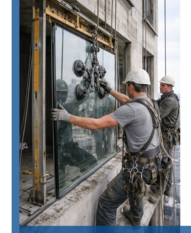 Монтаж стеклопакетов на высоте в Первоуральске с промышленным альпинизмом