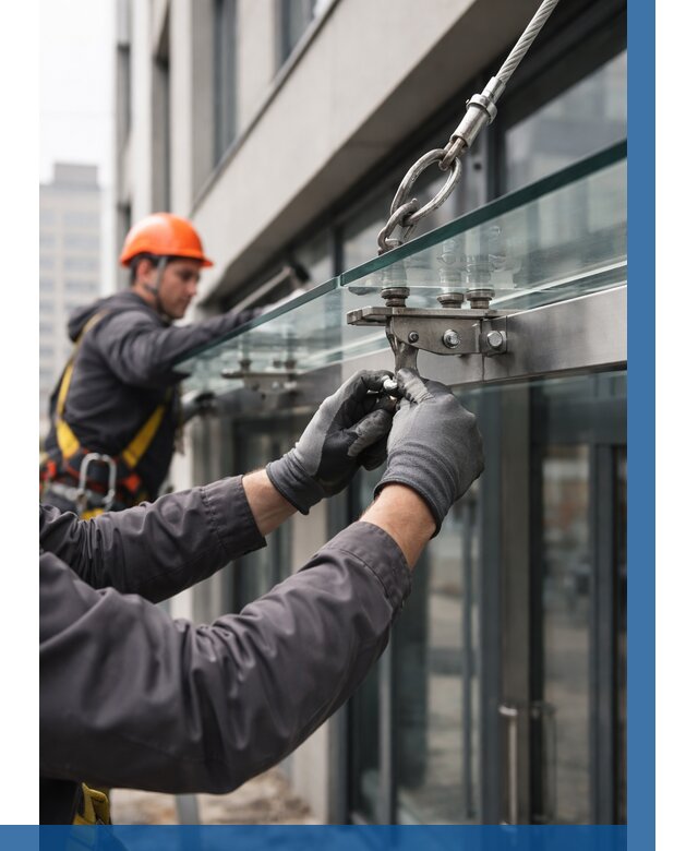 Монтаж стеклянных козырьков в Первоуральске от 8749 р. | ВЫСОТНИК-Прв