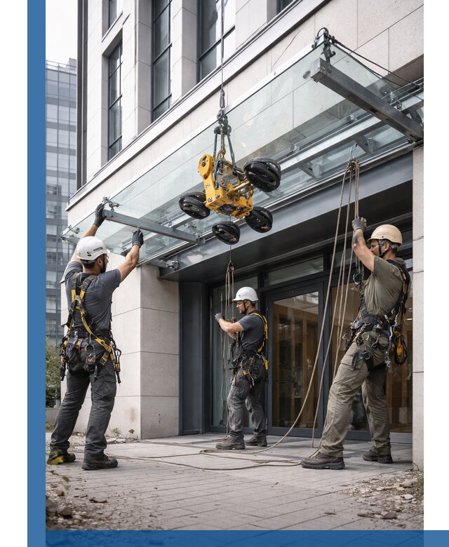 Монтаж стеклянных козырьков под ключ в Первоуральске для зданий