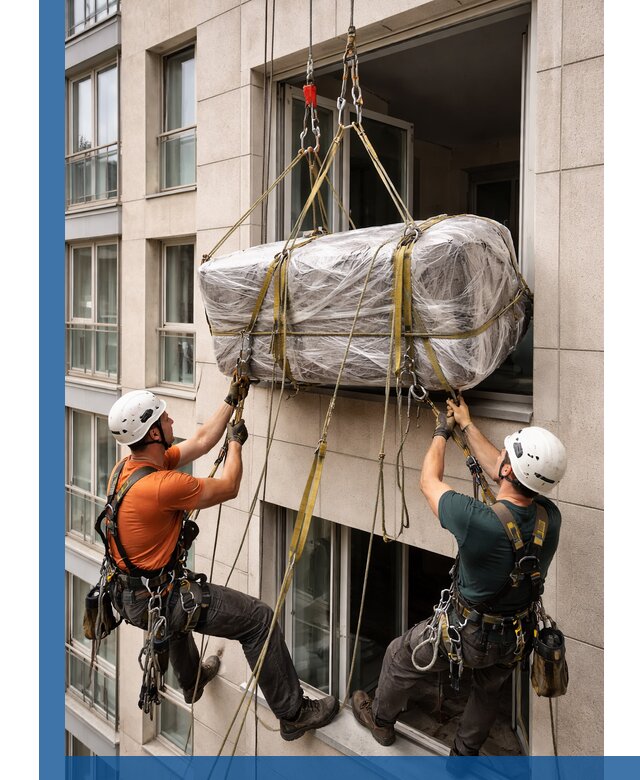 Подъем грузов через окно в Первоуральске промышленными альпинистами