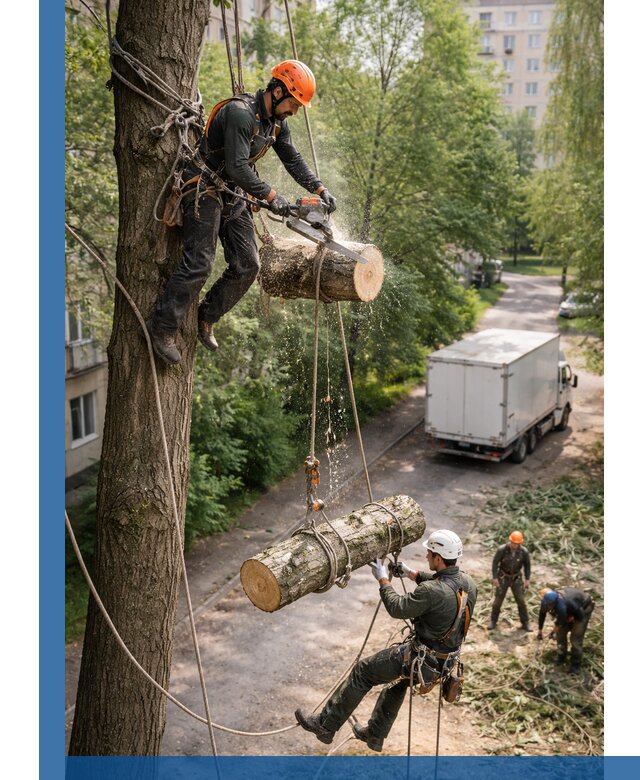 Спил деревьев альпинистами в Первоуральске, безопасно и без повреждений