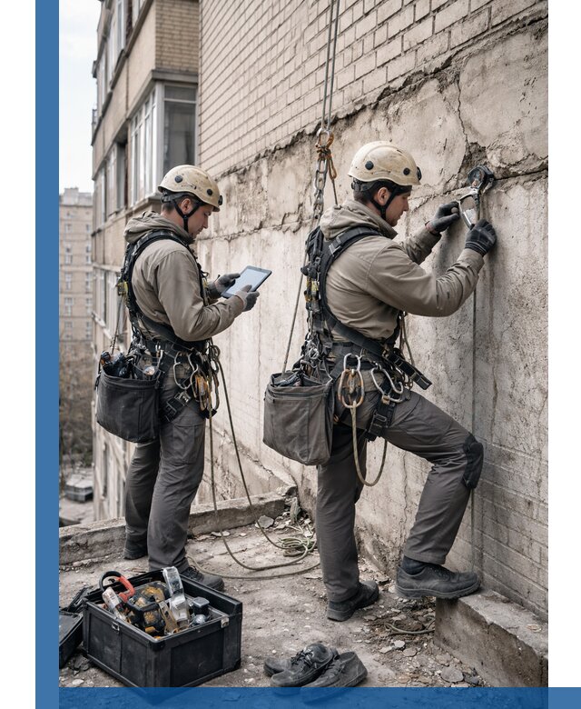 Обследование фасада промышленными альпинистами в Первоуральске